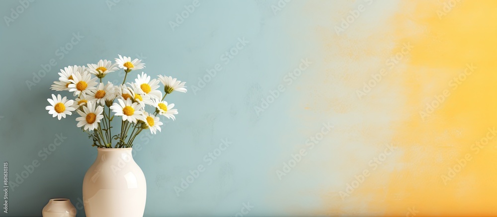 Poster chamomile-filled vase resting on a table beside a bright wall, with ample copy space image.