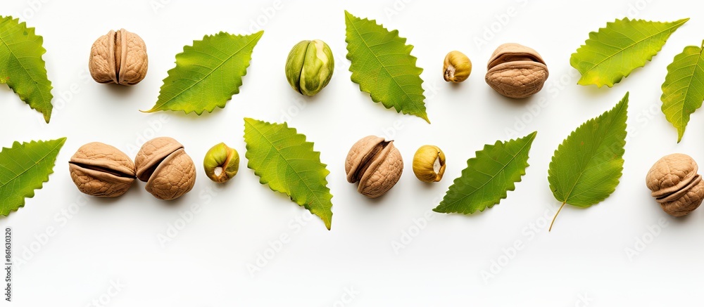 Aufkleber top-down shot of walnuts and leaves on a white background, perfect for your text in the copy space i