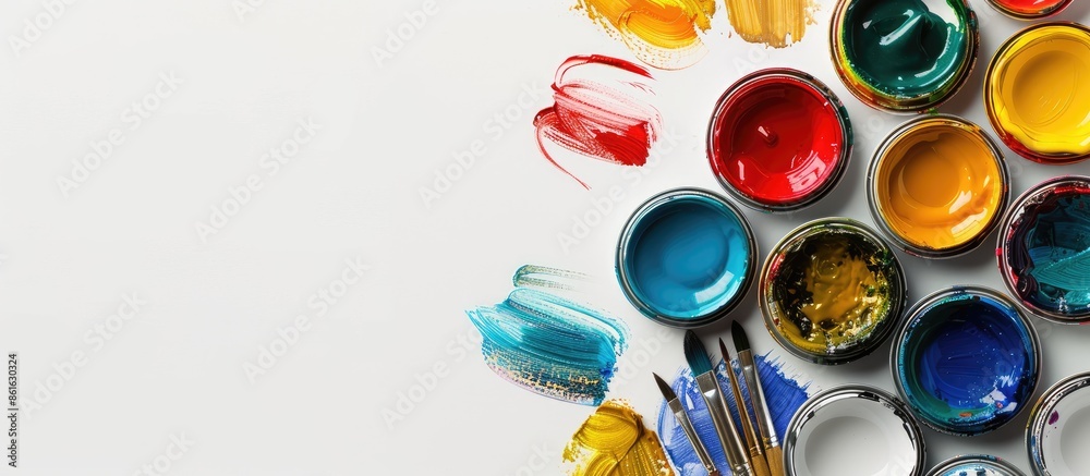 Poster colorful gouache paint cans and artist brushes displayed on a white background with copy space image