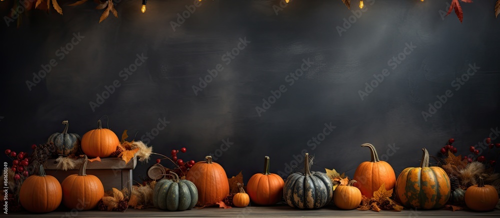 Poster fall-themed backdrop with pumpkins in shades of orange set on a dark table, ideal as a background fo