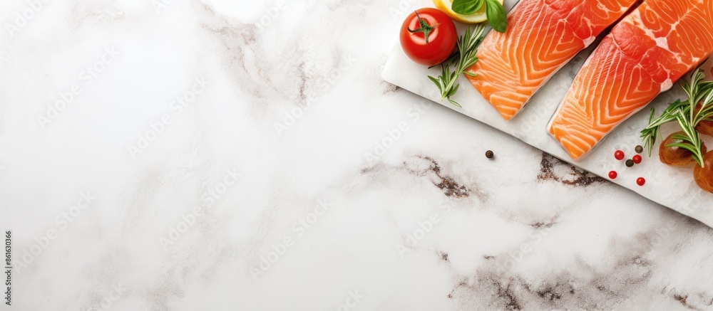 Aufkleber raw salmon steak on white marble background with copy space image, ideal for cooking. uncooked salmo