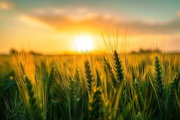 Fototapeta premium Scenic view of a vibrant field of wheat during sunset, showcasing the beauty of nature with golden hues and tranquil atmosphere.