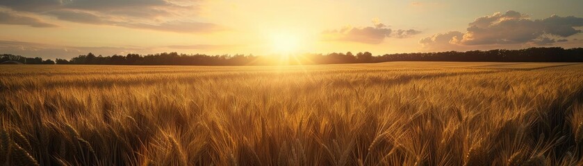 Obraz premium Golden wheat field illuminated by the warm glow of a beautiful sunset with a dramatic cloudy sky in the background, representing nature's beauty.
