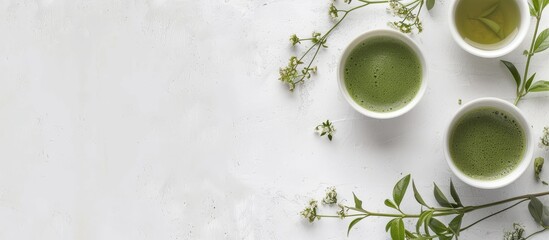 A flat lay showcasing green matcha tea on a white table with ample copy space image.