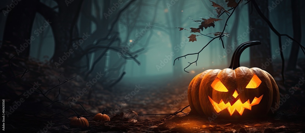 Poster horror background with a pumpkin jack o'lantern on grass in front of a spooky forest at night, embod
