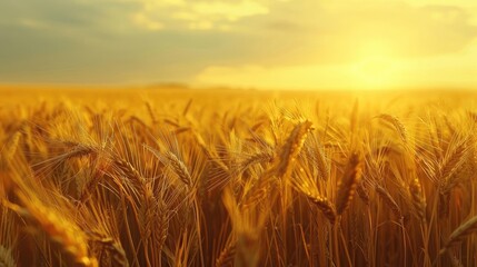 Obraz premium Golden wheat field glowing under the warm sunlight at sunset, showcasing the beauty of nature and agriculture.