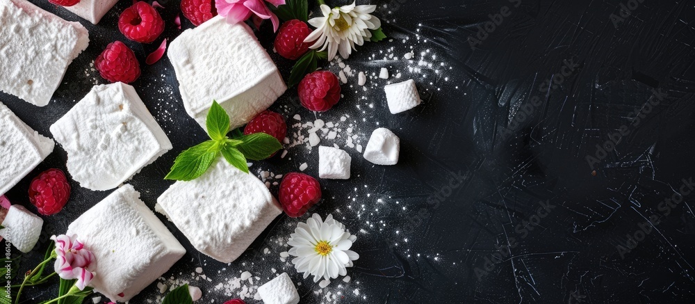 Poster homemade healthy and organic zephyr or marshmallows displayed on a dark table adorned with flowers, 