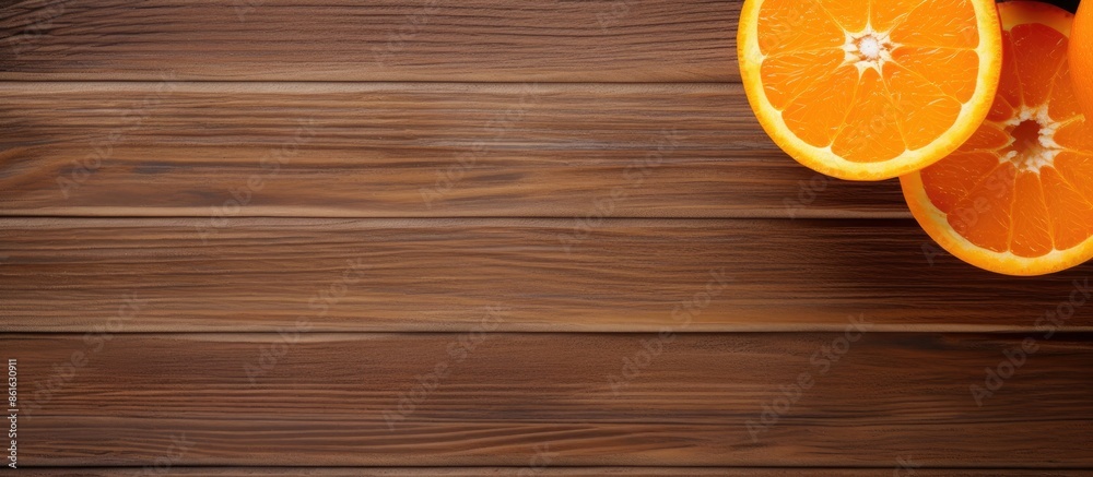 Poster half a cut orange fruit on a wooden surface with a top view flat lay style featuring a copy space im