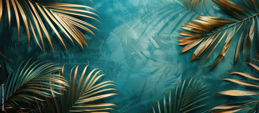 Poster blue abstract background with a texture of a golden palm leaf pattern, ideal for tropical summer des