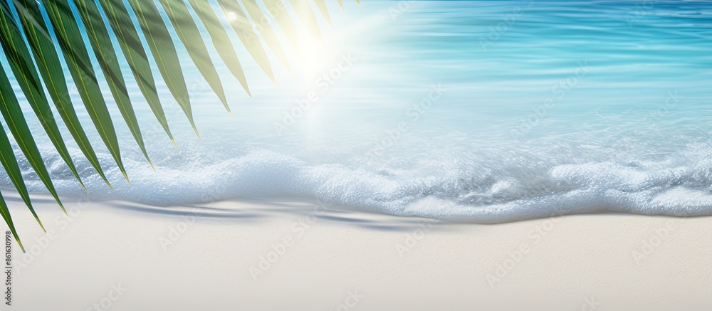 Aufkleber abstract white sand beach background with a shadow of a palm leaf, sun reflecting on the water; a be