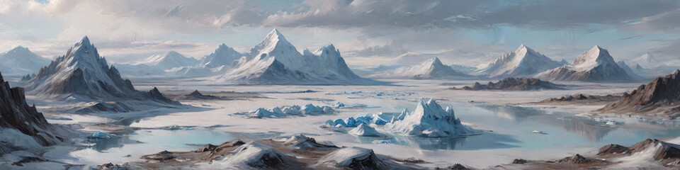 Obraz premium A sprawling alien tundra with vast ice fields and strange, crystalline growths, depicted with thick oil paint to highlight the cold, surreal beauty and textures, Generative AI