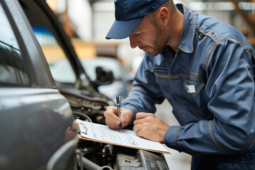 A mechanic in a car service shop writing on a clipboard as he checks the engine of a vehicle. This image captures the thorough inspection and maintenance process in an auto repair garage.