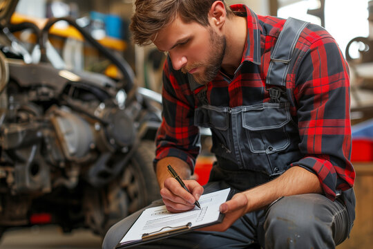 A mechanic in a car service shop writing on a clipboard as he checks the engine of a vehicle. This image captures the thorough inspection and maintenance process in an auto repair garage.