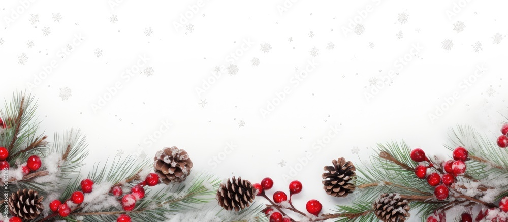 Poster A Christmas-themed border frame featuring tree branches, red berries, and pine cones on a white background with ample copy space for adding text or images.