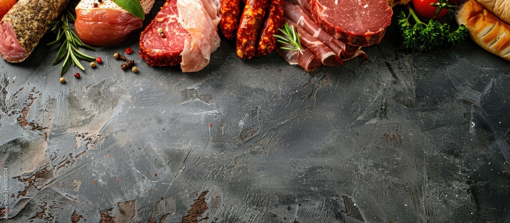 Poster Various uncooked meats displayed on a gray surface, creating a panoramic banner with room for a copy space image.