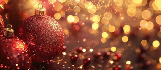 Red and gold Christmas baubles on background of defocused golden lights. Shallow DOF. Copy space image. Place for adding text or design
