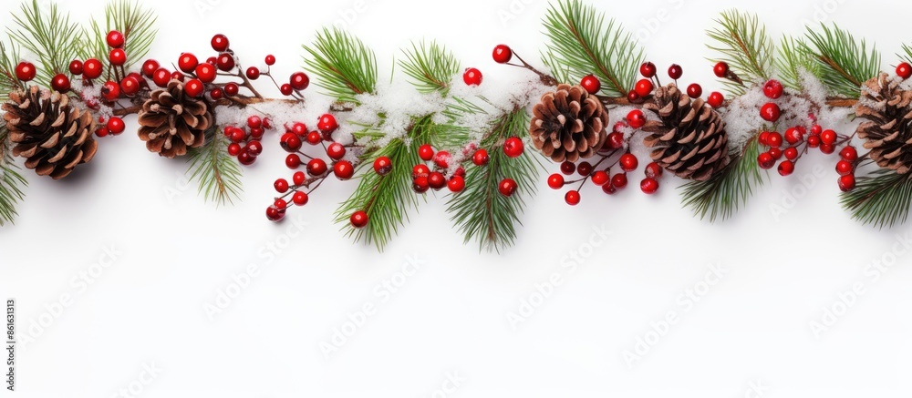 Poster white background with copy space image featuring a christmas border of tree branches, red berries, a