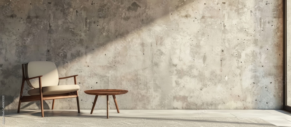 Aufkleber small table and chair placed on the carpet floor on modern wall, minimal concept. with copy space image. Place for adding text or design