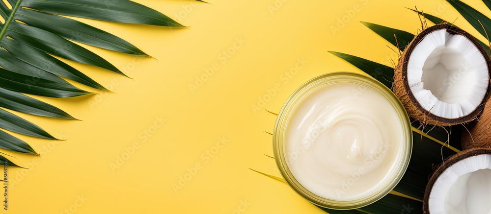 Poster top view minimal flat lay style image of organic cosmetics using coconut elements like oil, ripe coc
