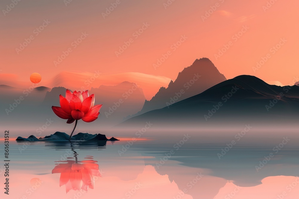 Wall mural  Minimalist wallpaper, minimalistic lotus flower, serene and spiritual atmosphere, floral style, simple, light background, - Wall murals