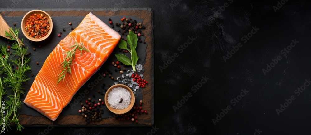 Poster top view of uncooked salmon fillet on black stone table with ingredients for cooking, creating a per