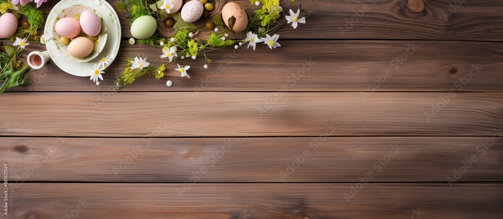 Aufkleber Wooden background with a top view for a spring holiday concept featuring an Easter table setting in a flat lay style, with ample copy space image.