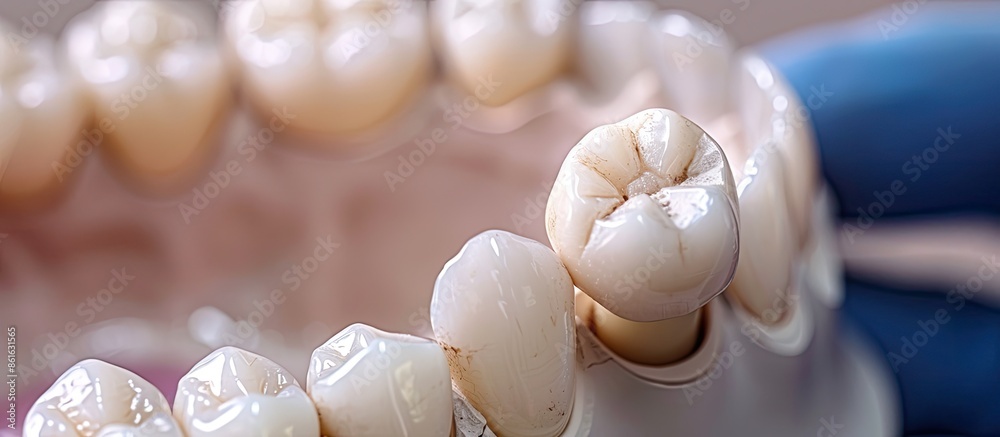 Poster placing ceramic dental crown on dental implant in the front tooth. copy space image. place for addin