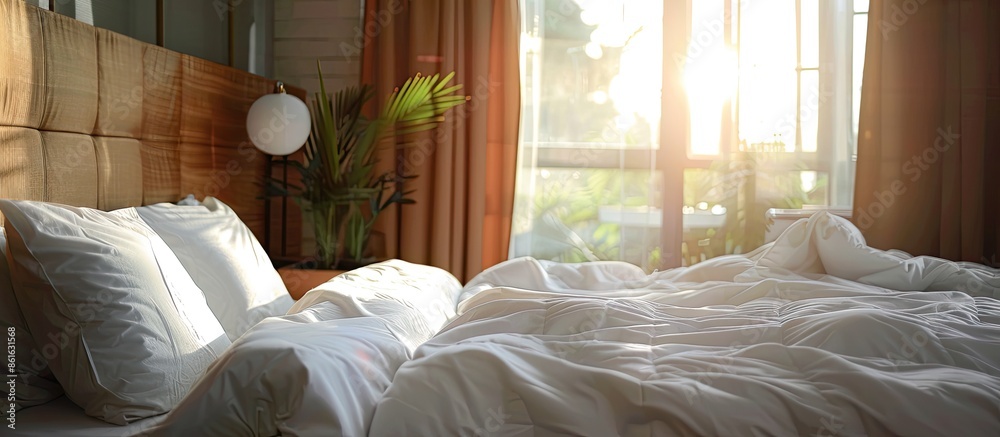 Poster Bed with white pillows in bedroom. with copy space image. Place for adding text or design