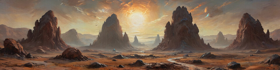 Fototapeta premium An expansive alien landscape with massive, pulsating energy fields and strange, levitating rocks, captured in thick oil paint to emphasize the dynamic and otherworldly atmosphere, Generative AI