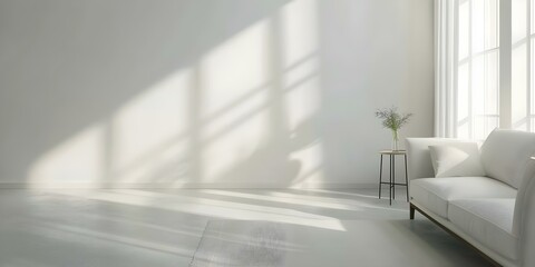 Fototapeta premium Creating a Minimalist Living Room with Functional Furniture, Soft Tones, Natural Light, and Clean Lines. Concept Minimalist design, Functional furniture, Soft tones, Natural light, Clean lines