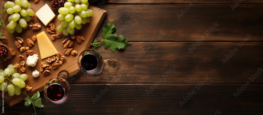 Poster Top-down view of wine, grapes, nuts, and cheese with room for your text in the image. with copy space image. Place for adding text or design