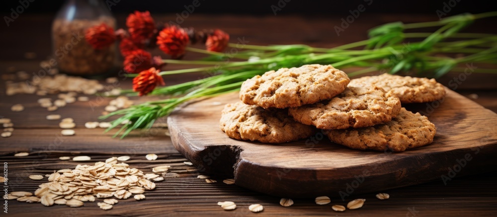 Leinwandbilder Oat cookies displayed on a rustic wooden table with a blank space for adding an image. with copy space image. Place for adding text or design