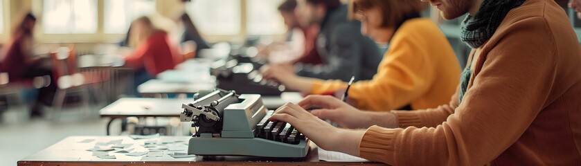 Obraz premium University Students Using Vintage Typewriters in Study Room