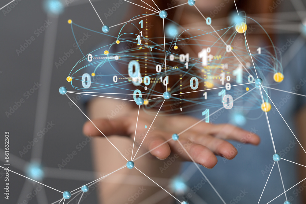 Poster Global network. Blockchain. 3D illustration. Neural networks and artificial intelligence. Abstract  3d