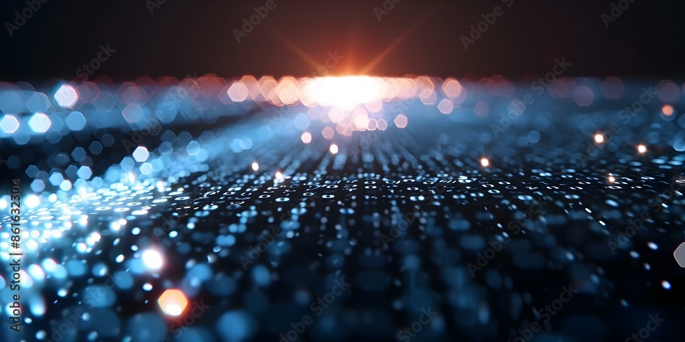 Poster enhanced digital background with animated glowing particles and binary code lens flare. concept digi