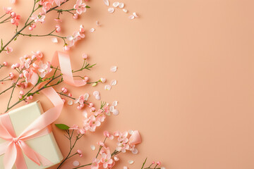 Elegant gifts with pink ribbon bows and flower buds on a peach background, perfect for Valentine's Day, Mother's Day, or International Women's Day banner design