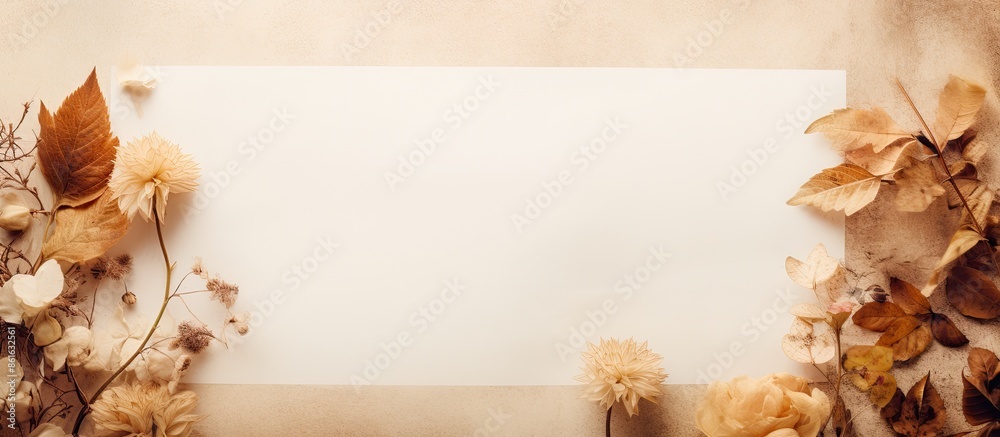 Leinwandbilder a fall-themed arrangement with blank paper, dried leaves, and flowers on a soft beige backdrop, symb