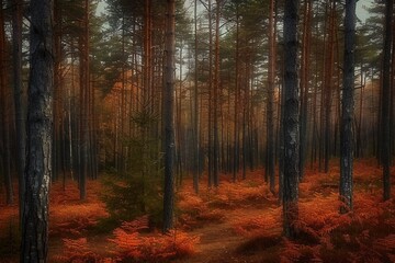 Obraz premium Pine trees on a moody fall landscape with red and orande colors. generative ai.