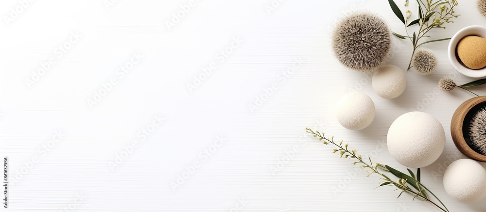 Poster a wellness salon setup with herbal massage balls displayed on a white background from a top view, of
