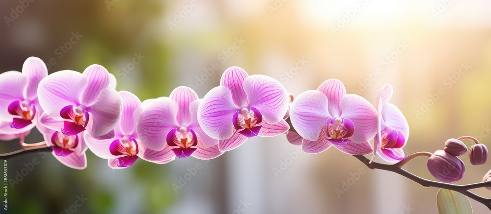 Leinwandbilder Gorgeous phalaenopsis orchid with pink petals in a garden setting, with empty space for text or graphics in the image. with copy space image. Place for adding text or design
