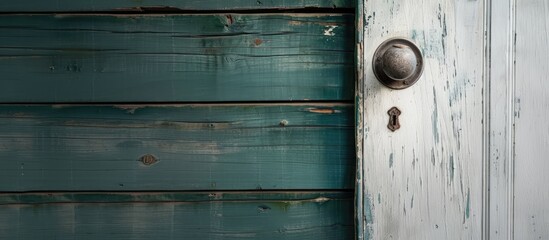 Fototapeta premium A white vintage front door with an iron knob, set against a dark green wood plank wall, offers a rustic charm and copy space image.