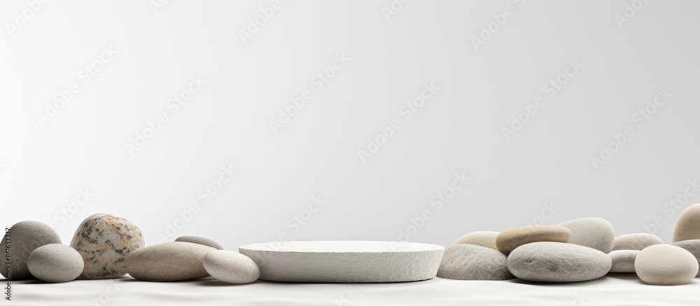Poster Podium or platform made of pebble stones used as a mock-up to display your product with a white background for copy space image.