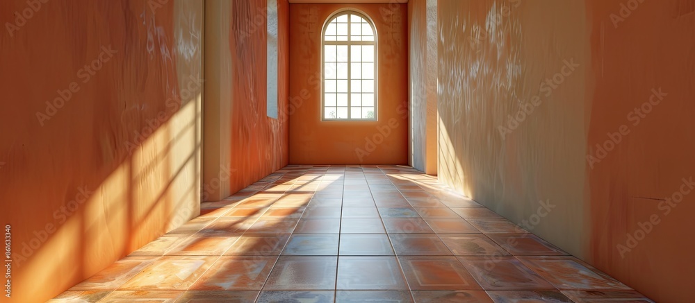 Aufkleber Empty corridor with a terracotta floor and a window, devoid of occupants. with copy space image. Place for adding text or design