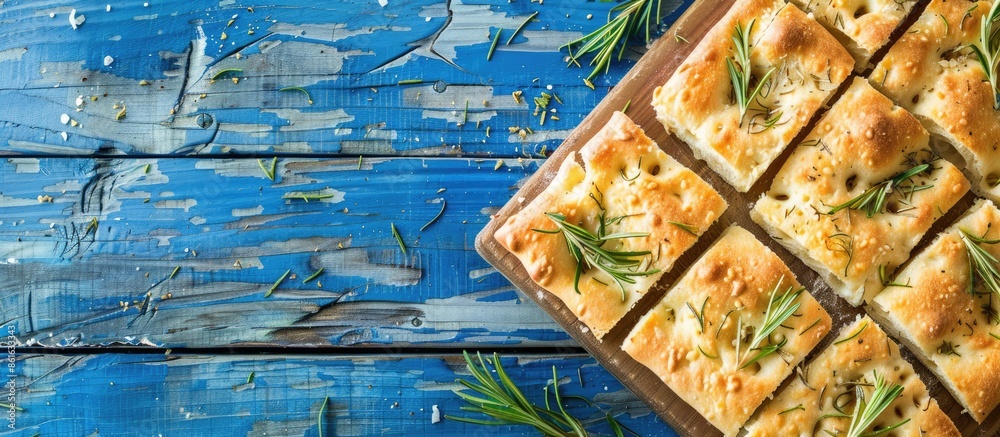 Poster Top view arrangement of focaccia bread on a blue wooden surface with room for text in the image. with copy space image. Place for adding text or design