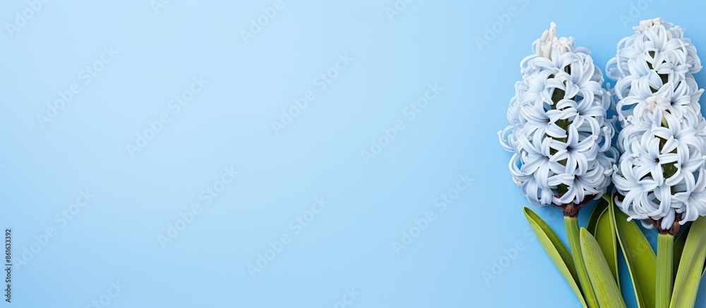 Aufkleber Top view of a blue hyacinth against a light blue backdrop with space for text or other images. with copy space image. Place for adding text or design