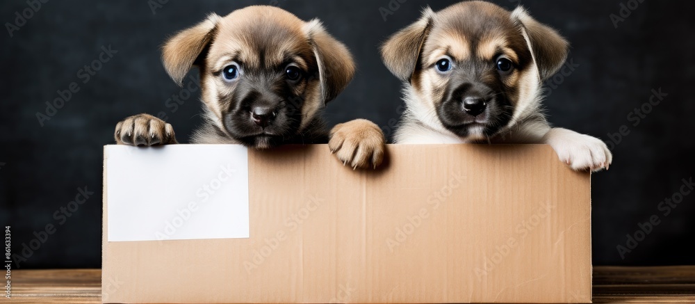 Aufkleber Two adorable puppies sit in a cardboard box with a empty sign on display, ideal for adding text or graphics with copy space image.