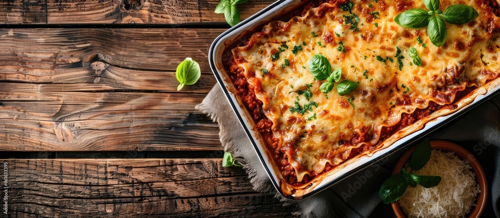 Leinwandbilder top view of a baking dish showcasing lasagna topped with bolognese sauce and minced beef, set agains