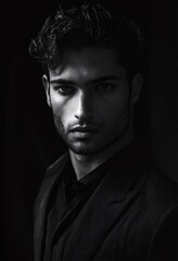 Fototapeta premium A black and white portrait of a man with dark hair and light eyes, wearing a suit jacket.