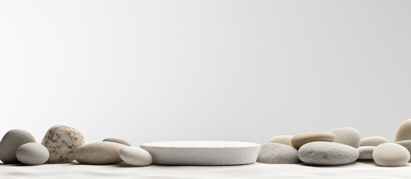Podium or platform made of pebble stones used as a mock-up to display your product with a white background for copy space image.