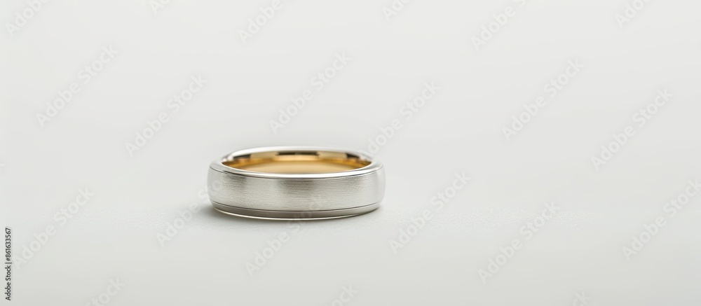 Poster a plain silver and gold wedding band for men displayed on a white studio background with copy space 